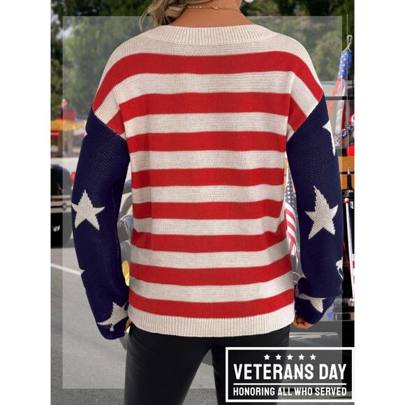 Women American Flag Sweater Long Sleeve Crew Neck Lightweight Patriotic Knit - Picture 3 of 6
